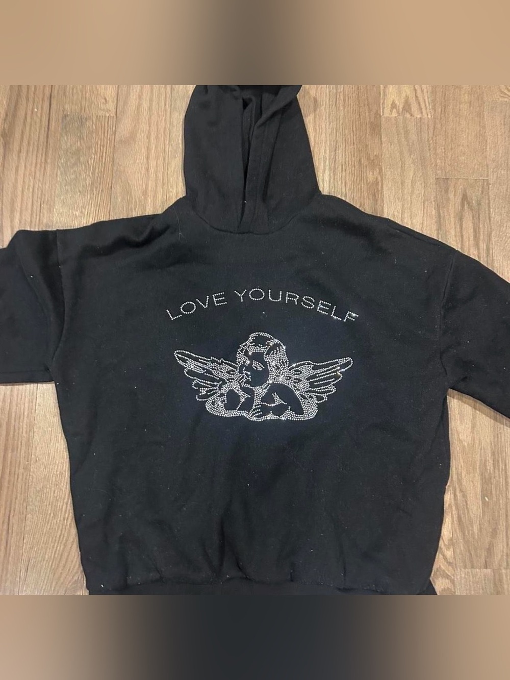 Edikted Black "Love Yourself" Rhinestone Angel Hoodie